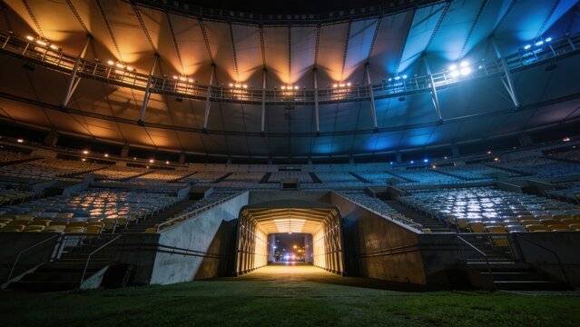 Illuminating access tunnel with concrete walls and handrails in stadium at night showing turf seats
