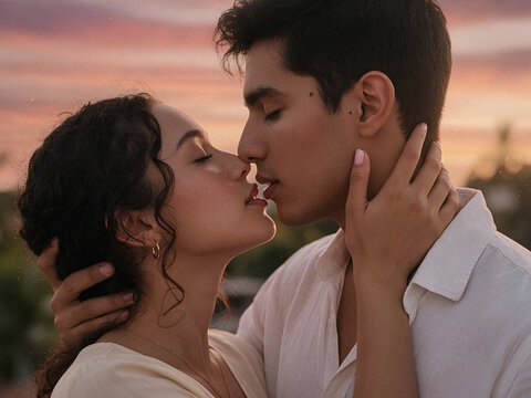 Young romantic couple about to kiss during a beautiful sunset
