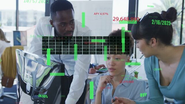 Team leaning over monitor, HUD updating finance charts, right woman pointing, making decisions