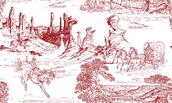 Toile de Jouy seamless pattern with a cowboy horseback jumping on Wild West with wagon carriage .Red rocks and Grand Canyon. Desert landscape and vulture perfect for textile, hand drawn luxury drawing