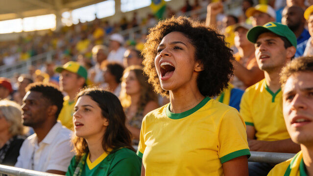 Cheering female spectator wearing yellow shirt with green trim in stadium stands, waving small flag