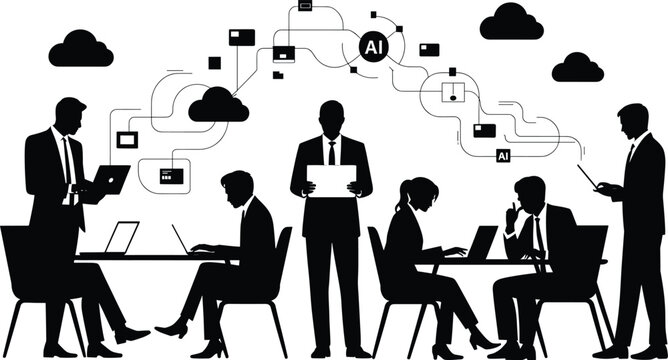 businesspeople, suits, laptops, cloud computing, ai, network, workflow, teamwork, office, communication, technology, internet, coll Businesspeople in suits with laptops, cloud computing and ai network