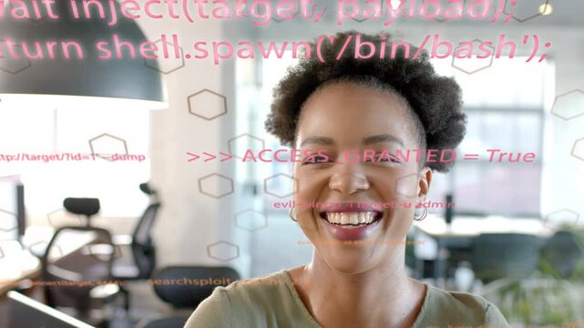 Woman sitting in tech office watching pink code and hex icons appearing, smiling at ACCESS_GRANTED