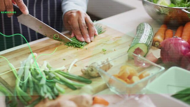 Senior home cook placing scallion on board, chopping for meal prep, overlay tracing hands