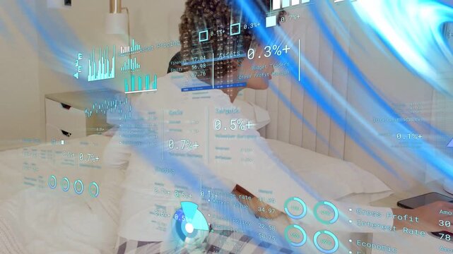 Vertical video: Mom holding child giving binky taking phone showing health holo charts calming kid