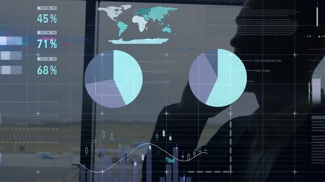 Man holding phone to ear and initiating data overlays, monitoring airport operations via bar charts