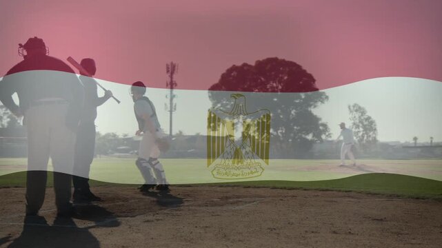 Pitcher pitching, batter swinging, runner sliding to base, catcher tagging under Egypt flag overlay