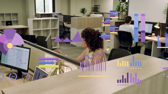 Woman reviewing sheets at desk, typing and starting animated charts for business data comparison