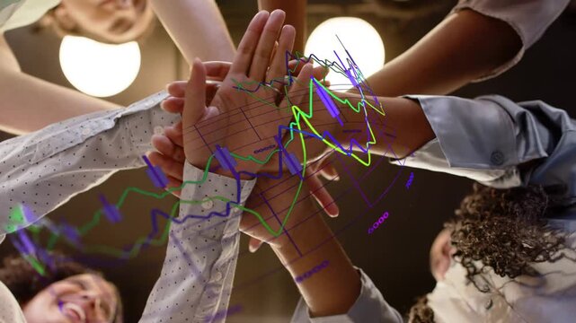 3D line-graph appearing, five women reaching, stacking hands in business aligning palms for unity