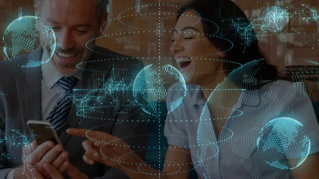 Senior man showing phone while woman laughing viewing biz feed at cafe holo globes layering view