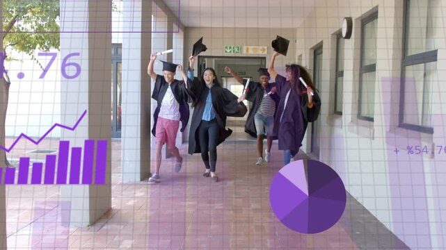 Five grads running camera pull urging cap tossing as purple data charts overlaying scene graduating