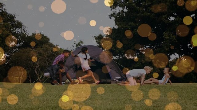 Children running from sides toward tent, gathering for camping, golden circles overlaying scene