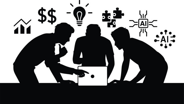Three silhouetted people working on a laptop, surrounded by business and ai-related silhouettes, people, laptop, business, ai, artificial intelligence, light bulb, puzzle, graph, money, teamwork, coll