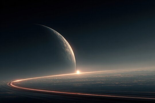 Enigmatic cosmic horizon with glowing planet and ringed landscape