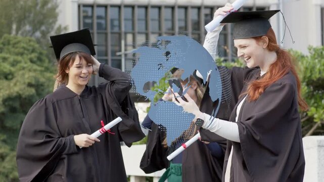 Grads celebrating on campus redhead pulling phone posing with diplomas dotted globe overlaying caps