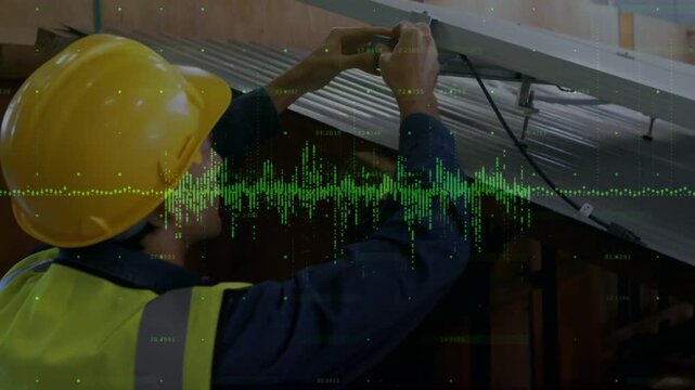 Tech spotting loose cable, reaching and clipping plug to solar panel, waveform indicating safety