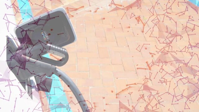 EV charger entering from left, cable revealing connector, overlay growing to show smart grid