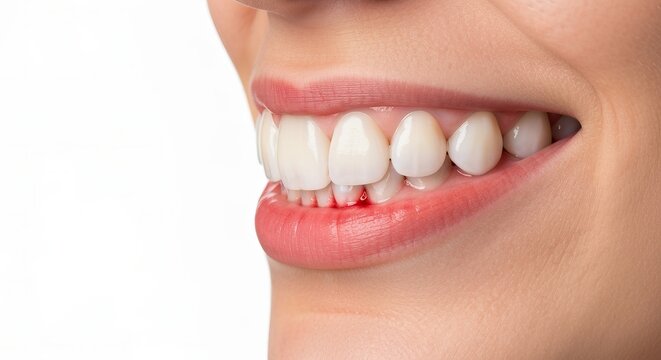Young woman exhibiting symptoms of gum inflammation with red, bleeding gums against white background