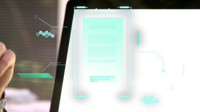 Woman in business glancing at monitor, causing camera shifting HUD centering, man studying document