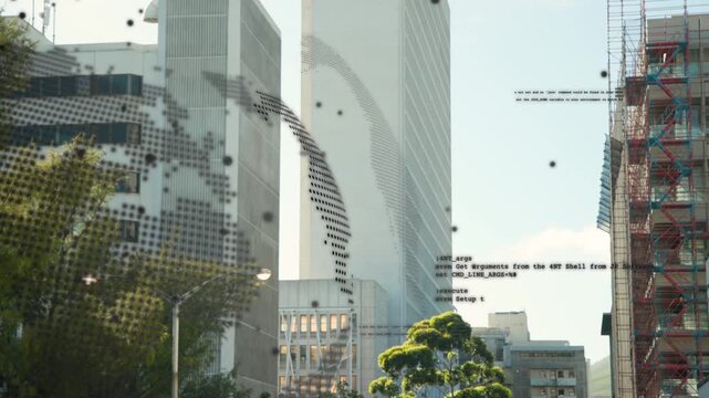 On play, dot globe overlay shifting, rotating; dots drifting; code scrolling, showing city net data