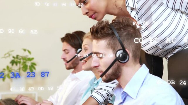 Call agents typing as supervisor leaning pointing for help, code overlay scrolling across monitors