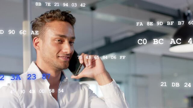 Man holding phone to right ear, reacting during business call while floating code overlaying face