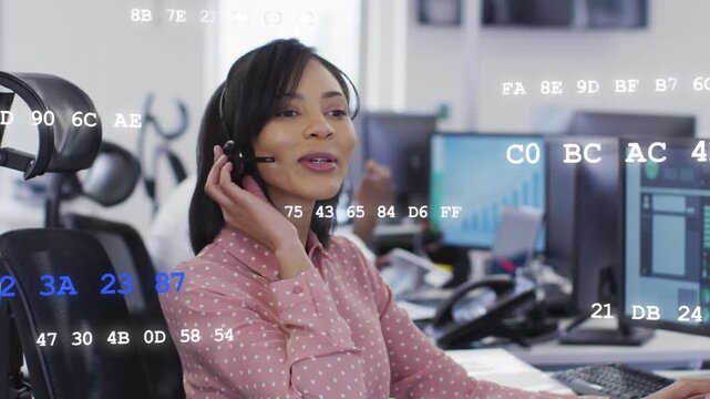 Call agent answering call, tapping headset, speaking as data overlay flows onto headset, screens