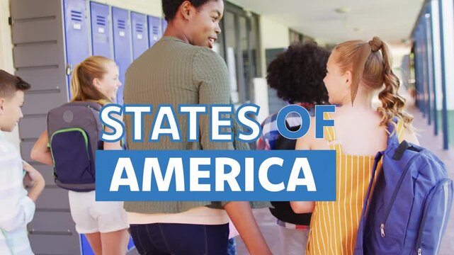 Teacher guiding kids to blue lockers, overlay animating over group into UNITED STATES OF AMERICA