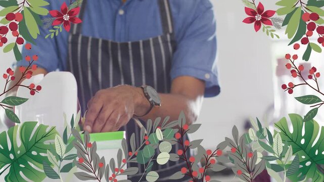 Chef tilting white pitcher, pouring, packing purple veg into green box for meal prep, floral border