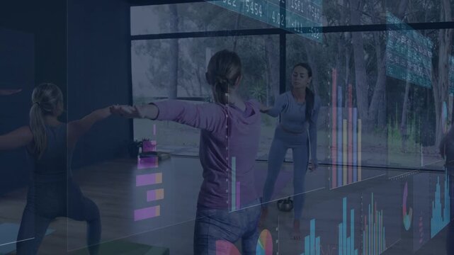 Fitness coach cueing glass gym, purple woman squatting for balance with data charts sweeping across