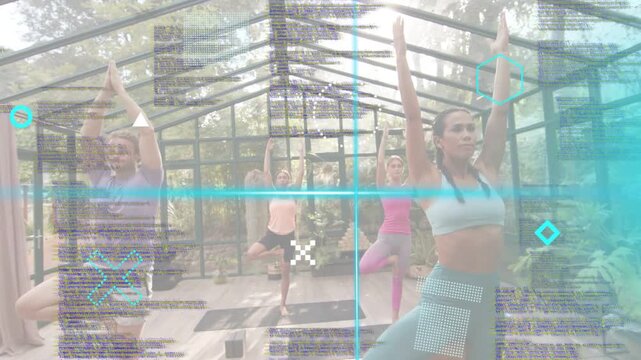 Cue starting yoga tweaks for balance, woman in teal steadying tree pose, teal bands obscuring group