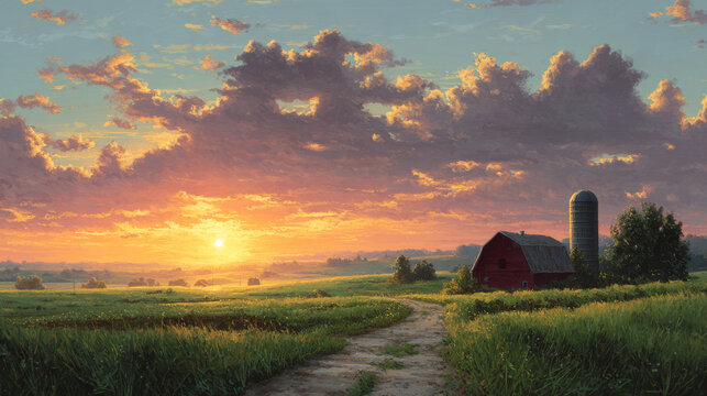 Rural farm scene with the sun setting over the hills in the distance featuring a red barn and silo against the sunset with clouds