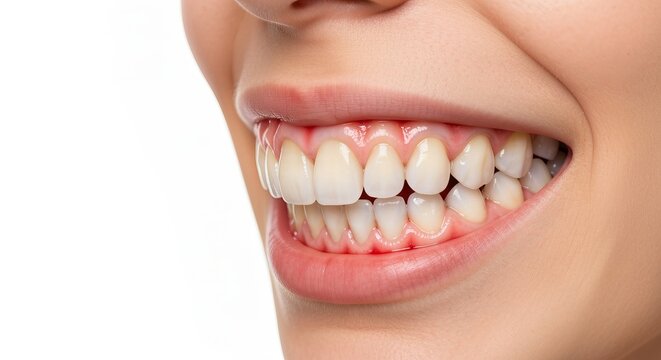 Young woman exhibiting gum inflammation with red, bleeding gums on white background, dentistry focus