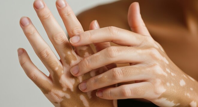 A close up view of hands affected by vitiligo showcasing unique skin patterns and color variations
