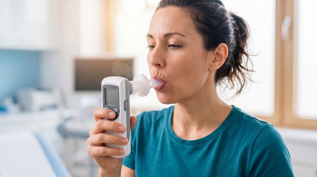 Woman using peak flow meter to measure lung function. Home asthma monitoring for respiratory health. Daily self-care concept in allergy management and breathing exercises