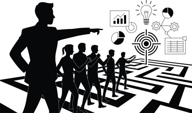businessman, team, maze, leadership, strategy, planning, target, light bulb, gears, charts, graphs, calendar, silhouettes, black and wh Businessman leading team through maze with strategy and planning