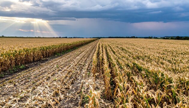 Vast golden field of crops under dramatic cloudy sky with sun rays