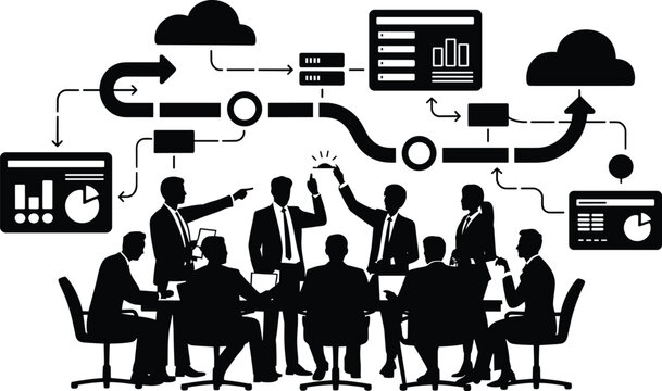 business, meeting, data flow, diagram, flowchart, cloud, computer, graph, chart, people, silhouettes, black, white, office, teamw Black silhouette of businesspeople in a meeting with data flow diagram