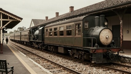Fototapeta premium Vintage steam train standing at historic station platform