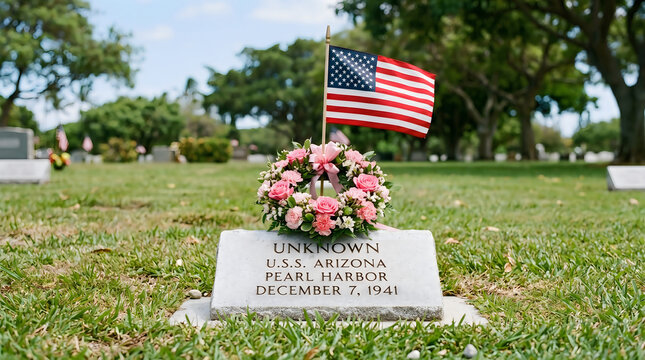 A grave marker for an unknown soldier from the uss arizona at pearl harbor, decorated with a wreath and an american flag in a cemetery