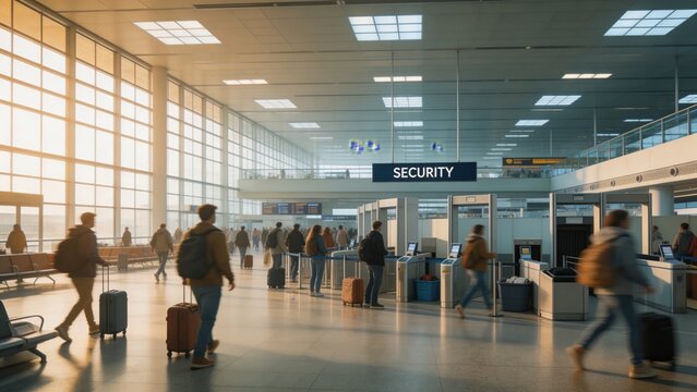 A busy airport security checkpoint with travelers and luggage in a modern terminal, showcasing a sense of urgency and movement.