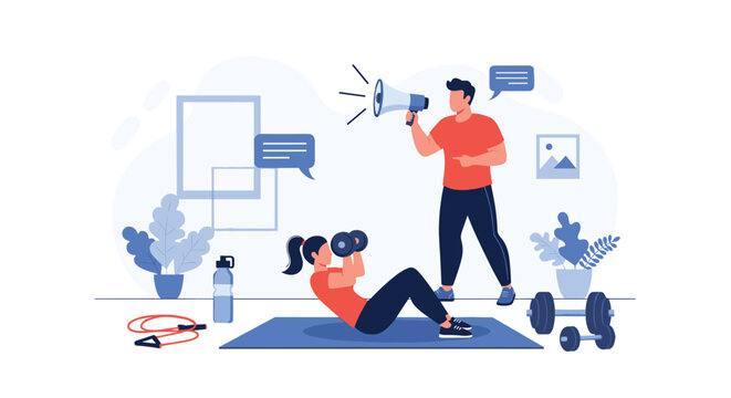 Personal fitness trainer using a megaphone to motivate a woman doing core exercises on a mat in a home gym setting.
