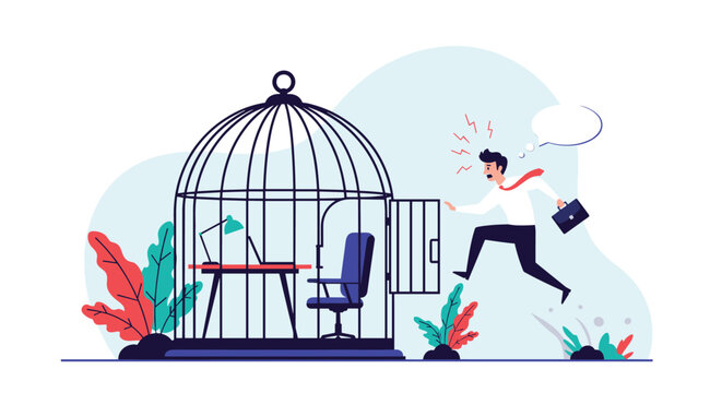 Frustrated businessman jumping out of a giant bird cage office desk to represent freedom from a boring job or burnout.