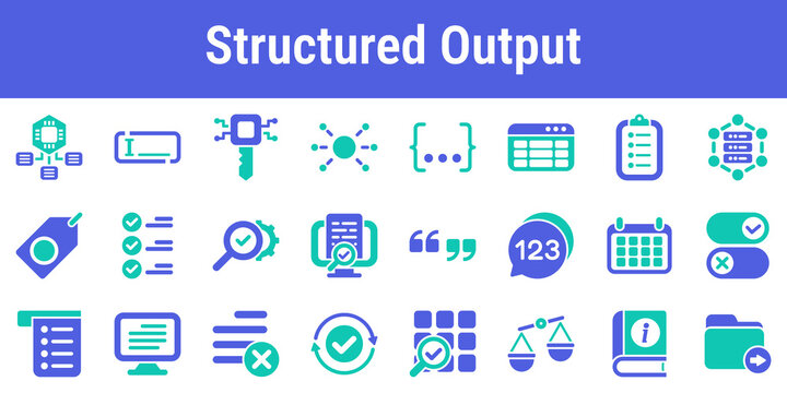 Commercial icon set for schemas fields validation parsing and export formatting Suitable for AI form builders structured responses data products automation tools and developer dashboards