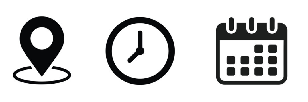 Date time and location icon set, calendar schedule clock and map pin symbols, clean minimal flat vector design collection, perfect for business planning, corporate workflow, event scheduling 