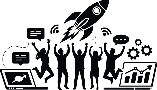 people, silhouettes, celebration, laptops, rocket, gears, chat bubbles, graphs, wifi signals, black and whit Black silhouettes of people celebrating with laptops, rocket, and gears on white background