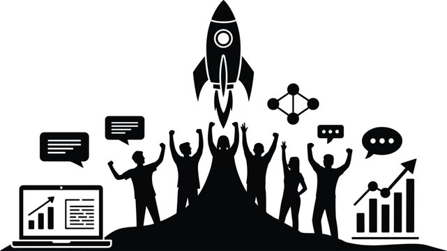 rocket, people, celebration, business, communication, laptop, graph, chart, speech bubbles, teamwork, suc Black silhouette of people celebrating around a rocket launch, with business and communication