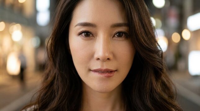 煌めく夜の街で至近距離で見つめてくる40代女性の大人のデート