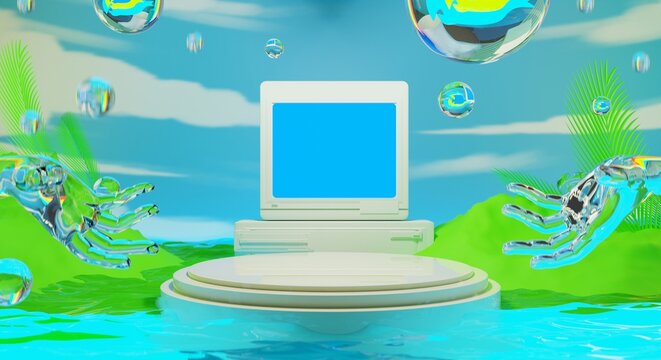 retro-future y2k 2000s frutiger aero aqua web 2.0 gloss with stage podium for product display showcase, 3d illustration rendering abstract background, technology and nature environment concept