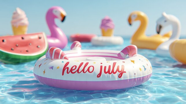 Hello july text on white inflatable pool float with colorful summer floats in swimming pool under blue sky